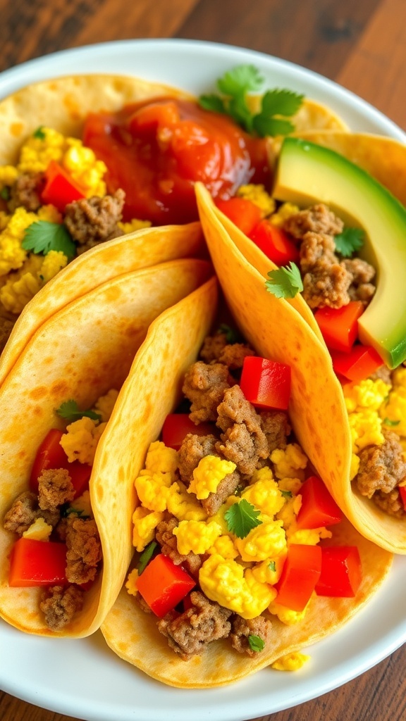 Breakfast tortillas filled with eggs, sausage, and vegetables, served with avocado and salsa on a rustic table.